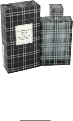 A product shot of a perfume bottle and its box, both featuring a plaid pattern.
