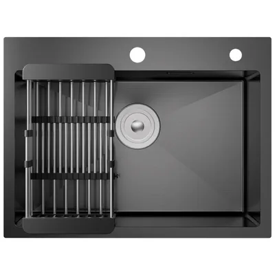 Produktbild von Edelstahlspüle & Küchenspüle 60 x 45 cm mit Korb, pflegeleichte Küchenspüle, Kratzfest & Schallisoliert, Einbauspüle Schwarz, Cecipa Spülbecken