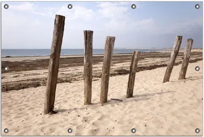 Produktbild von Wallario Outdoor-Poster für Garten oder Balkon, Motiv Sandstrand mit Holzpfählen am Atlantischen Ozean, in ca. 80 x 120 cm