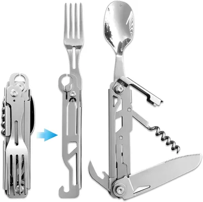 Produktbild von Campingbesteck Set 6-in-1, Edelstahl Klappbesteck Mit Flaschenöffner Und Korkenzieher, Für Wanderung Picknick Und Outdoor
