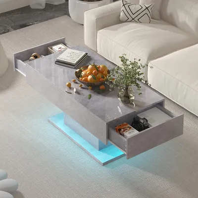 Produktbild von Radelldar Wohnzimmertisch Hochglanz mit 2 Schubladen modern, USB, 110x55x50cm, Grau