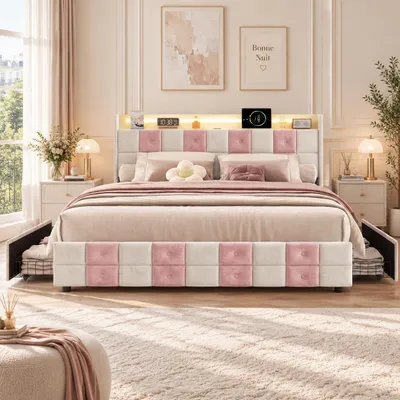 Obrázok produktu pre Postel INONEFT, čalúnená, 140x190 cm, s LED osvetlením a USB portami, posteľ pre mládež, jednolôžková posteľ so 4 zásuvkami a úložným priestorom v čelnej časti, rám postele s latkovým roštom, biela a ružová farba, Obrázok generovaný UI