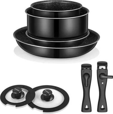 Produktbild von Induktionskochgeschirr-Set 8-teilig, abnehmbare Griffe, deckelbar, spülmaschinenfest, ofenfest