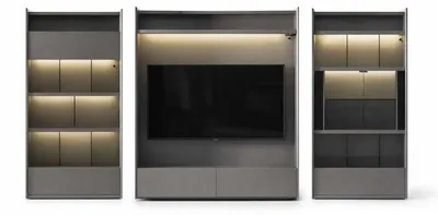 Image de Meuble TV moderne gris, ensemble complet de meubles design pour salon, étagères