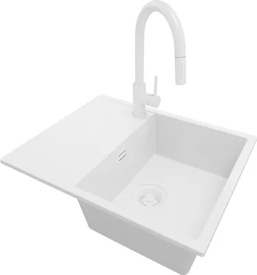 Produktbild von PRIMAGRAN Granitspüle Alles Weiß 62x50cm, Spülbecken 1 Becken + Küchenarmatur 40x20cm + Ablauf-Set, Küchenspüle ab 45er Unterschrank - Ibiza