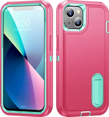 A product image showing a pink and teal phone case for an iPhone 13/14, displayed from the front and back.