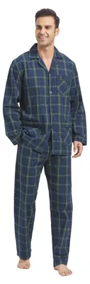 Imagen del producto de Omgoods - Conjunto de pijama de algodón para hombre - Conjunto de dos piezas a cuadros, ropa de dormir cómoda con bolsillos