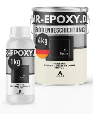 Produktbild von Mr. Epoxy Epoxidharz Bodenbeschichtung (5 kg, RAL 9001 Cremeweiß) - 2K Betonfarbe für Garagen, Keller & Werkstatt Boden - Flüssigkunststoff Epoxid Grundierung und Bodenversiegelung
