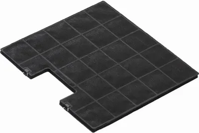A black carbon filter for a cooker hood, shown from a diagonal angle on a white background.