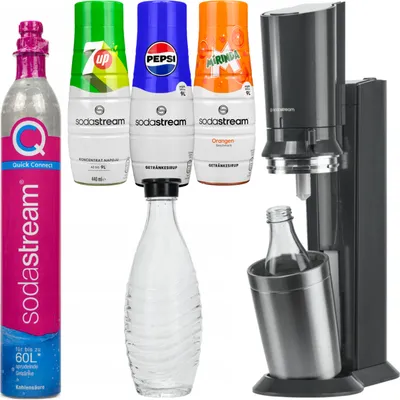 Zdjęcie produktu dla Saturator SodaStream Crystal 3.0 QuickConnect Czarny Jedna Butelka + Syrop do Sodastream Pepsi, Mirinda, 7UP