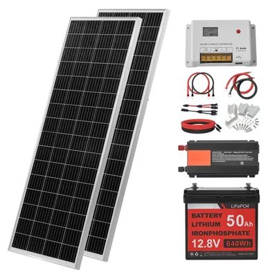 Zdjęcie produktu dla Kompletny zestaw paneli solarnych SucceBuy o mocy 200W, system autonomiczny z 2 panelami solarnymi monokrystalicznymi po 100W, akumulatorem LiFePO4 12,8V 50Ah, kontrolerem ładowania 40A oraz falownikiem 12V 800W. System fotowoltaiczny do użytku domowego i w kamperach