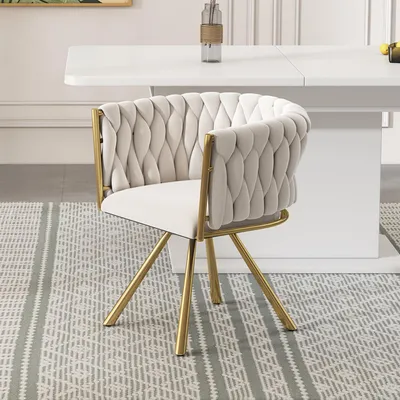 Produktbild von MODFU Esszimmerstuhl mit vier Stützbeinen,Polstersessel Drehstuhl,Küchenstuhl Stuhl aus Metall für Wohnzimmer,Beige und Gold