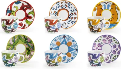 Zdjęcie produktu dla Excelsa zestaw 6 filiżanek do espresso ze spodkami Lisbona porcelana 7 cl kolorowa