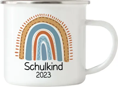 Produktbild von Schulkind 2023 Emaille Tasse Einschulungsgeschenk Grundschule 1. Klasse Schulstart Wasserfarben Regenbogen