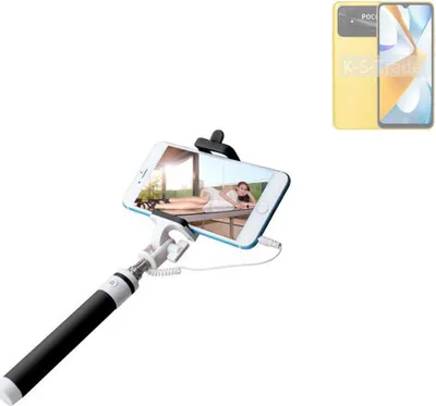 Produktbild von K-S-Trade Selfie Stick kompatibel mit POCO C50  Selfiestick kabelgebunden Monopod mit Kabel Stab Stange Selfportrait Handheldstick schwarz 1x