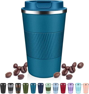 Produktbild von Isolierende Kaffeebecher mit Klappdeckel, 340 ml, leckfreie Reisebecher aus Edelstahl, wiederverwendbare Tasse mit Vakuumisolierung, hält Kaffee und Tee warm oder kalt - blau