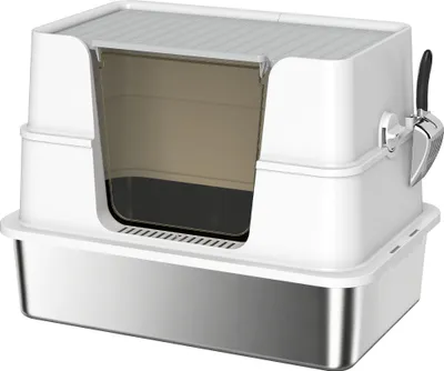 A white and silver enclosed cat litter box with a scoop attached to the side.