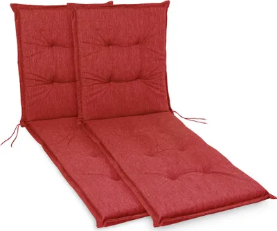 Two red chair cushions laid out on a white background.