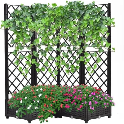 Productafbeelding van Verhoogde plantenbak met klimrek en automatische bewatering, 113x40x136 cm, zwart, geschikt voor 4 potten