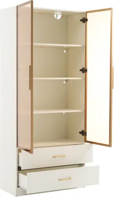 Produktbild von Ablageschrank 75x34x170 cm Weiss Badezimmerschrank Mit Lichtleiste 2 Schubladen 2 Tueren Glastuer Esszimmerschrank Anrichte