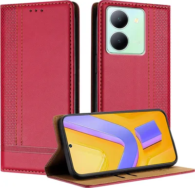 Produktbild von Handyhülle für Vivo Y27 5G Leder Flip Klappbare Schutzhülle mit Standfunktion Rot