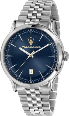 A close-up studio shot of a men's wristwatch with a blue dial and a silver metal band.