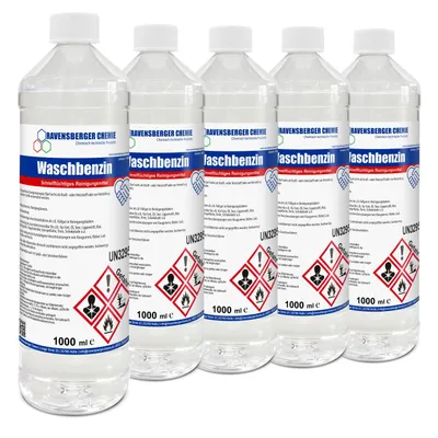 Produktbild von Ravensberger Chemie Waschbenzin Spezialreiniger – stark gegen Fett, Öl, Teer, Kleber, Farbe, Tinte & Wachs – ideal für Kunststoffoberflächen - 5 x 1 L