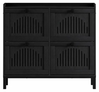 Immagine prodotto di Armadietto stretto per scarpe con 4 ante a ribalta, frontali decorati, e ripiano per 24-32 paia di scarpe. Colore: nero effetto legno