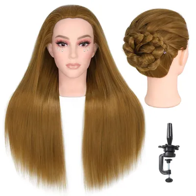 Imagen del producto de Cabeza de entrenamiento profesional para peluquería, con rostro realista y cabello resistente al calor, de 71 cm