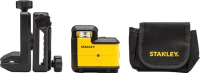 A black clamp, a yellow and black laser level, and a black carrying pouch are displayed against a white background.