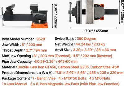 Image de Serre-joint d'établi, pied pivotant à 360°, construction en fonte durable, 8 pouces