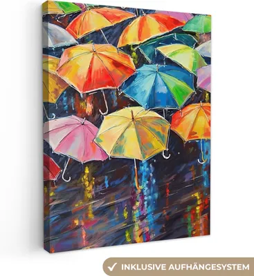 Produktbild von MuchoWow® - Leinwandbilder - Regenschirme - Malerei - Kunst - Regenbogen, Wandbild, Wanddeko Bilder Wohnzimmer, 60x80 cm