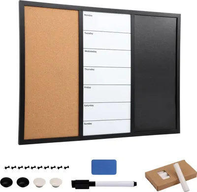 Produktbild von Kurtzy 3-In-1 Pinnwand Kombi-Tafel magnetisch - Tafel aus Kork Whiteboard und Kreidetafel - 70 x 50cm - Magnetisches Memoboard - trocken abwischbare
