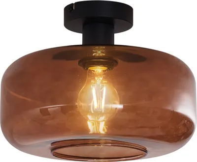 Zdjęcie produktu dla QAZQA – Retro Retro Lampa sufitowa I Lampa sufitowa I Lampa I Oprawa oświetleniowa Czarna z brązowym szkłem – Bizle I Salon I Sypialnia – Okrągła – Pasuje do żarówek LED E27
