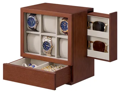 Produktbild von SONGMICS Uhrenbox 6 Fächer, mit Fenster, Massivholzfurnier – Kaffeebraun + 6uhren