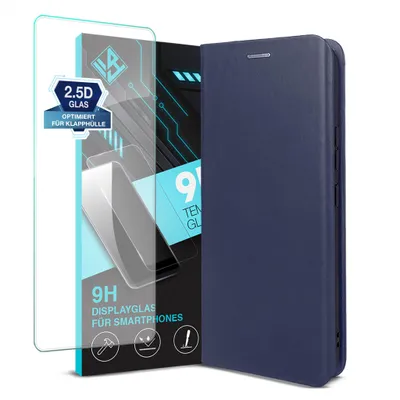 A blue flip phone case and a screen protector are displayed against a white background.