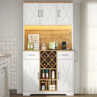 Imagen del producto de Armario de cocina alto con iluminación LED, armario de almacenamiento con estante para vinos, fabricado en MDF, con acabados en tonos naturales y blanco, dimensiones: 105x40x180 cm, ideal para cocina y comedor
