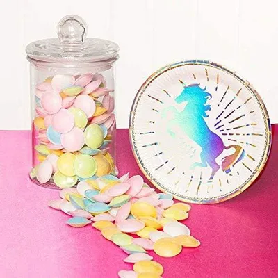 Produktbild von 6 bunte Holo-Einhorn-Pappteller, 23 cm