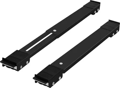 Two black adjustable appliance stands with wheels and brakes are shown against a white background.