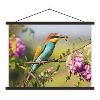 Produktbild von MuchoWow® Textilposter Vogel - Bienenfresser - Blumen 120x90 cm mit schwarzem Rahmen - Aufhänger für Poster