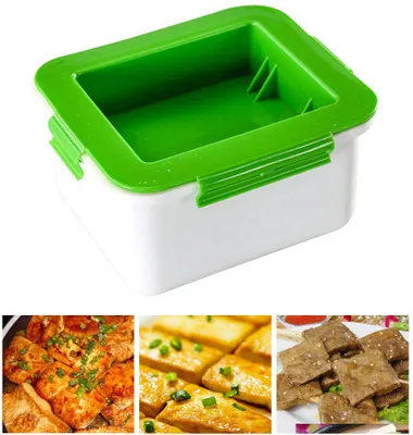 A collage showing a tofu press and prepared tofu dishes.