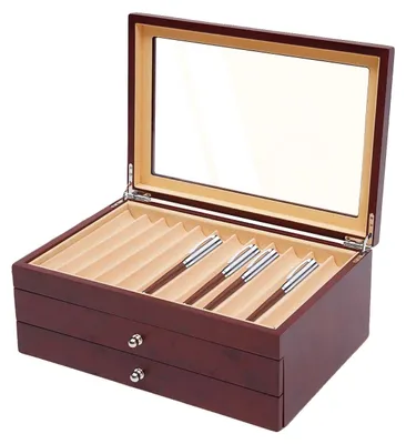 Obrázek produktu pro Prezentační box na plnicí pera, 34 přihrádek, elegantní dřevěný design, červený