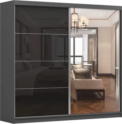 A modern wardrobe with sliding doors, one side featuring black high-gloss panels and the other a mirrored surface reflecting a room interior.