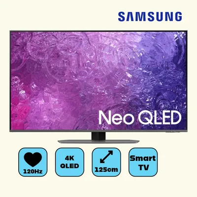 A Samsung Neo QLED television is displayed on a stand, with feature icons below.