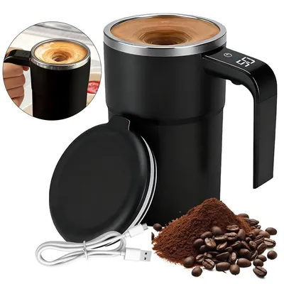 Produktbild von Selbstrührender Kaffeebecher 380ml – Magnetrührer Tasse mit Temperaturanzeige, wiederaufladbar & mit Deckel