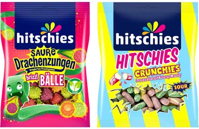 Produktbild von 2er Set: Hitschies Crunchies Sour Mix 75g + Saure Drachenzungen Brizzl Bälle 100g | Knusprig, sauer & fruchtig!+Heartforcards Versandschutz