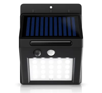 Obrázok produktu pre BEARWARE LED solárne svetlo, solárna lampa do exteriéru s detektorom pohybu a dobíjacou batériou 1200 mAh, IP54, vypínač, integrovaná LED, studená biela, nástenné svetlo, 20 SMD LED, dosah senzora až 5 m, 250 lumenov, 6500K