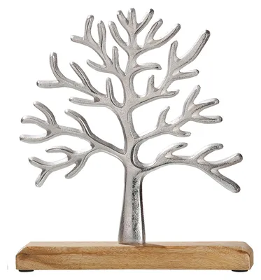 Image de Relief mural Gilde, arbre de vie, aluminium, bois de manguier, argenté, lot de 4, L. 23 cm, l. 5 cm, H. 26 cm. Référence : 48791. Code EAN : 4009079487916