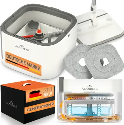 Produktbild von ALANBERG® Wischmopp Set mit Eimer – Gen 2 - Kammersystem für Schmutz- & Frischwassertrennung, praktisches Auswringsystem für alle Bodenarten (Weiß)