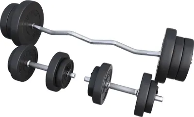 A set of weightlifting equipment, including a curl bar and dumbbells, is displayed against a white background.